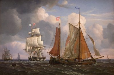 Schiffe segeln und kreuzen gegen den Wind im Sund von Adolph Friedrich Vollmer