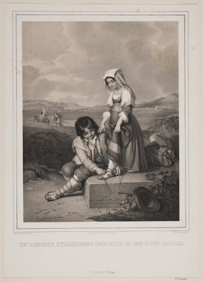 Ein römischer Hirtenjunge bindet einem jungen Mädchen die Sandale zu von Johan Adolph Kittendorff