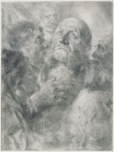 Aufblickender alter Mann und vier Gesichter von Adolph Menzel