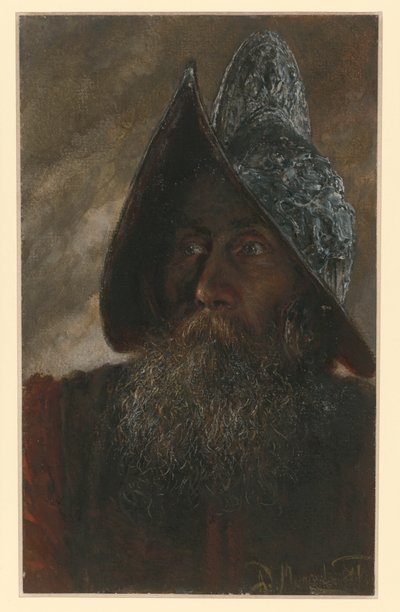 Brustbild eines bärtigen Soldaten mit Sturmhaube, etwas nach links gewendet von Adolph Menzel