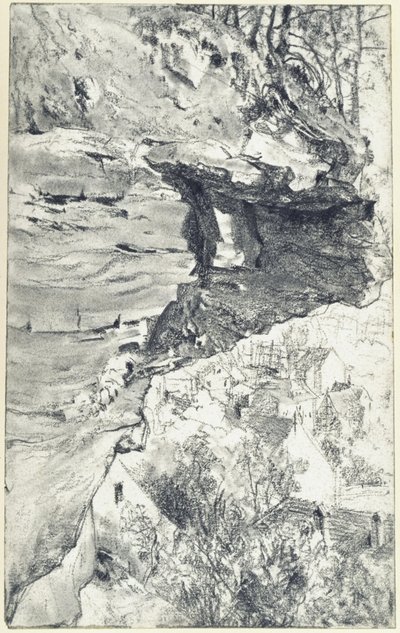 Felsüberhang mit Dorf im Hintergrund von Adolph Menzel