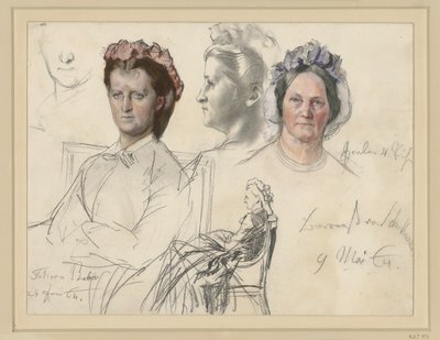 Fräulein von Below, Halbfigur sitzend nach links, Kopf beinahe en face, r.: Kopfstudie im Profil nach links, u.: ganze Figur sitzend (zum Teil durchgestrichen) r.:Baroness von Schuckmann, Kopfstudie en face von Adolph Menzel