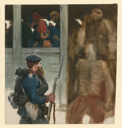 Französischer Gefangenentransport in Eisenbahnwagen, vorn ein preußischer Infanterist, Szene aus dem Krieg 1870 von Adolph Menzel