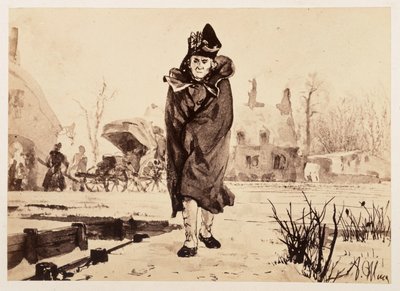Gerichtsrat Walther kommt, in seinen Mantel gehüllt, nach vorn. Hinten sein ausgeschirrter Reisewagen, zu Heinrich von Kleist "Der zerbrochene Krug" von Adolph Menzel