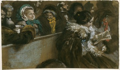 In der Kirche, Gruppen zuhörender Frauen und Männer im Gesellschaftsanzug auf Bänken sitzend von Adolph Menzel