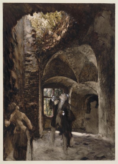 In der Ruine, ein Herr und eine Dame stehen auf einem Treppenabsatz und blicken zu einem großen Loch im Gewölbe empor von Adolph Menzel