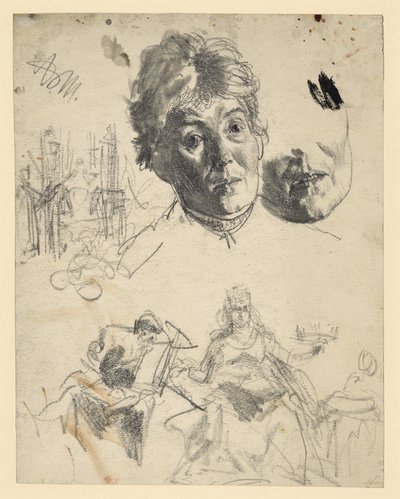 Kopf einer älteren Frau, Kinnpartie wiederholt, Architekturskizze, figürliche Skizze zu einer Allegorie von Adolph Menzel