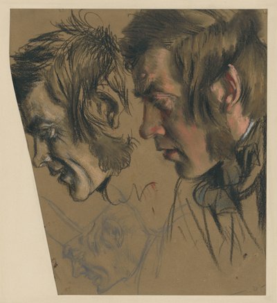 Männlicher Kopf mit Backenbart, vornüber gebeugt; l.: kleinere Wiederholung, u.: derselbe mit Mütze von Adolph Menzel