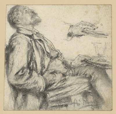 Mann am Tisch sitzend, nach rechts, Kopf zurückgelehnt, nach oben blickend sowie Handstudie von Adolph Menzel