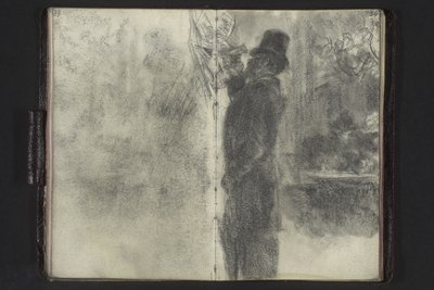 Mann mit Zylinder und Regenschirm, an der Wand hängende Zettel durchsehend von Adolph Menzel