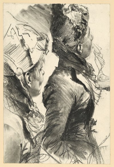 Nach rechts aufblickende Frau mit Hut, Halbfigur im Profil, zwei Studien von Adolph Menzel