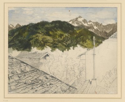 Partenkirchen, Blick auf Gebirge und Bauernhäuser von Adolph Menzel