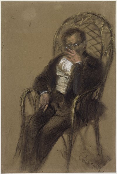 Rauchender Herr mit Brille in einem Korbstuhl sitzend von Adolph Menzel