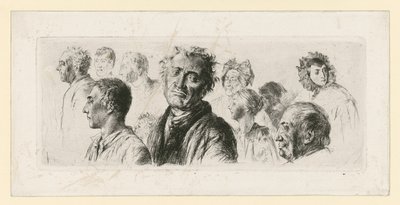Studienblatt aus dem Irrenhaus. Zehn Köpfe, meist nach links von Adolph Menzel