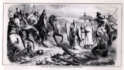 St. Loup verteidigt die Stadt Troyes gegen Attila den Hunnen (ca. 406-453) auf seinem Pferd, Illustration aus einer Geschichte Frankreichs, 2. Hälfte 19. Jahrhundert von Adolphe Francois Pannemaker