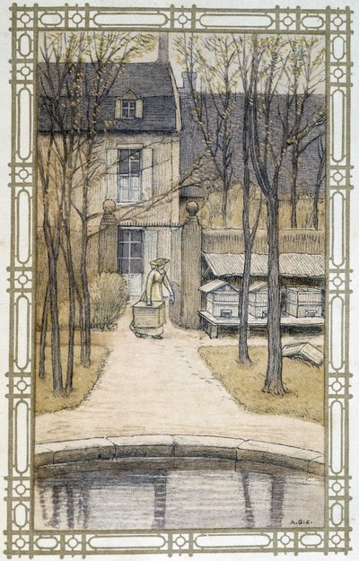 Leben der Bienen: Imker und seine Bienenstöcke - Zeichnung von A. Giraudon von Adolphe Giraudon