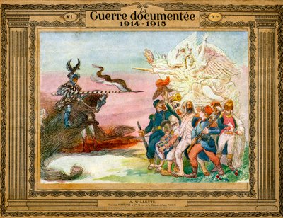 Allegorie des Konflikts: Französische Truppen, geführt von der Siegesgöttin, gehen zum Angriff auf Deutschland, verkörpert durch den Tod zu Pferd von Adolphe Leon Willette