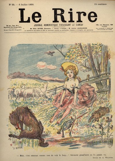 Rotkäppchen - Schäferin oben ohne, Rotkäppchen - Aber es macht Spaß, den Wolf zu sehen...! Wahrscheinlich hat Oma ihn nie gesehen. Zeichnung von A. Willette für das Lachen Nummer 35, 6. Juli von Adolphe Leon Willette