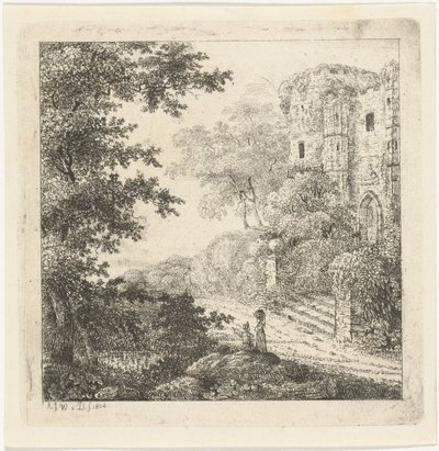 Landschaft mit Figuren bei einer Burgruine von Adriaan Jacob Willem van Dielen