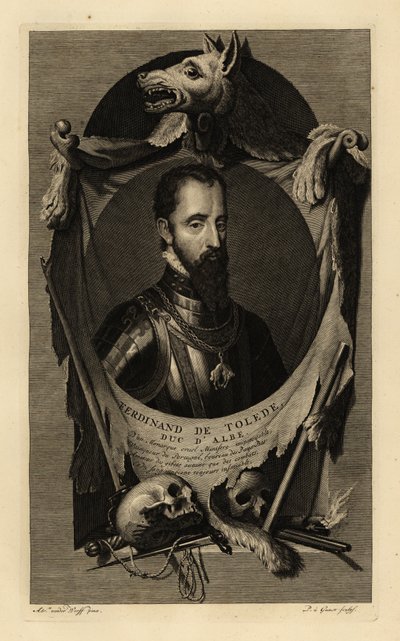Porträt von Ferdinand Alvarez de Toledo y Pimentel, 3. Herzog von Alba, oder der Eiserne Herzog. In Rüstung mit Kette des Ordens vom Goldenen Vlies. Mit Wolfspelz, menschlichen Schädeln, Schwert, Dolch und Steinschlosspistole. Kupferstich von Adriaan van der (after) Werff