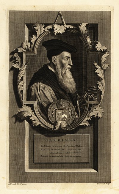 Porträt von Stephen Gardiner, Bischof von Winchester und Politiker. Mit Wappen. Kupferstich von Pieter Stevens van Gunst nach Adriaen van der Werff aus Isaac de Larrey’s Histoire d’Angleterre, d’Ecosse et d’Irlande, Reinier Leers, Rotterdam von Adriaan van der (after) Werff