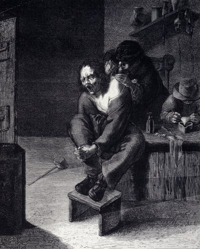 Die chirurgische Operation. Gravur nach einem Gemälde von Adrien Brauwer (gestorben 1608) 17. Jahrhundert von Adriaen (after) Brouwer