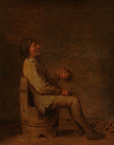 Mann sitzt und hält eine Pfeife und einen Krug in einem Innenraum von Adriaen Brouwer (possibly copy after)