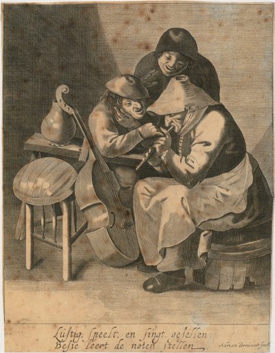 Flötenspielerin und zwei Bauern von Adriaen Brouwer