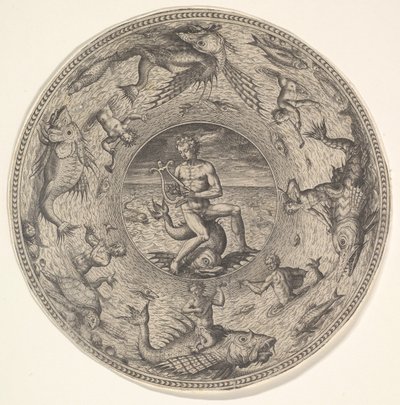 Arion auf einem Delphin umgeben von einem mit Meereskreaturen verzierten Rand, aus einem Set von..., 1580-1600 von Adriaen Collaert