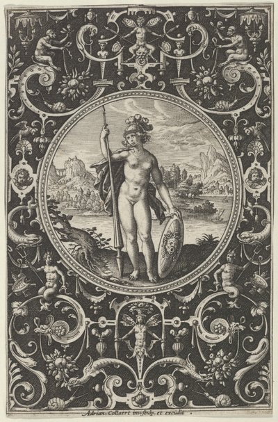 Minerva in einem dekorativen Rahmen mit Grotesken, aus dem Urteil des Paris, ca. 1580-1600 von Adriaen Collaert