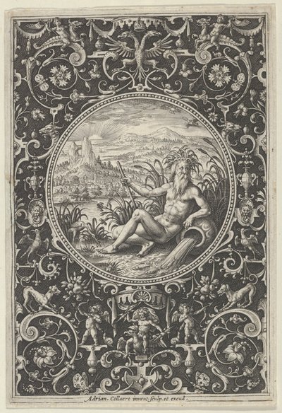 Neptun in einem dekorativen Rahmen mit Grotesken, aus dem Urteil des Paris, ca. 1580-1600 von Adriaen Collaert