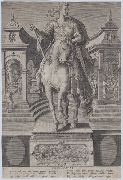 Tafel 1: Reiterstatue von Julius Caesar, von vorne gesehen, mit einer Szene von..., ca. 1587-89 von Adriaen Collaert