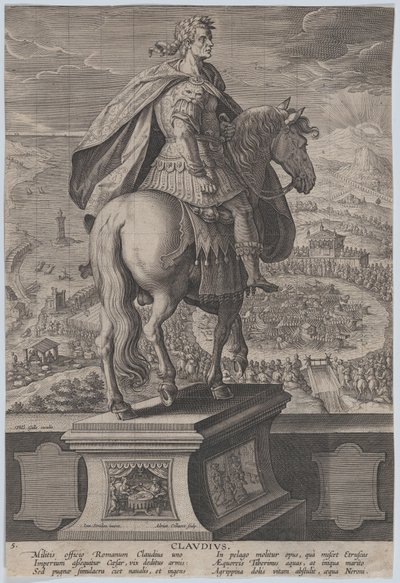 Tafel 5: Reiterstatue von Claudius, von hinten gesehen, ein Marinewettbewerb, ca. 1587-89 von Adriaen Collaert