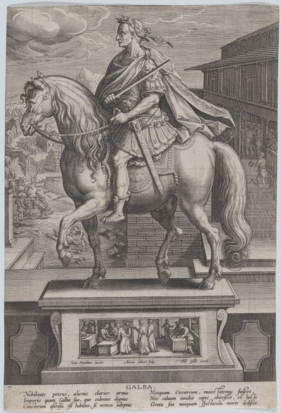 Platte 7: Reiterstatue von Galba, im Profil nach links, mit einer Enthauptungsszene..., ca. 1587-89 von Adriaen Collaert