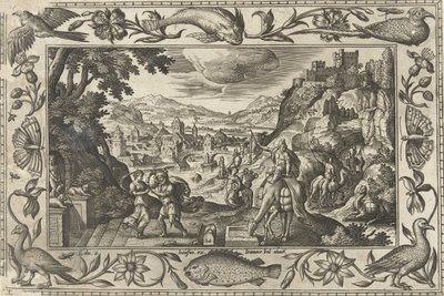 Rebekka und Eliëzer am Brunnen (Landschaften mit biblischen, mythologischen Szenen und Jagdszenen) von Adriaen Collaert