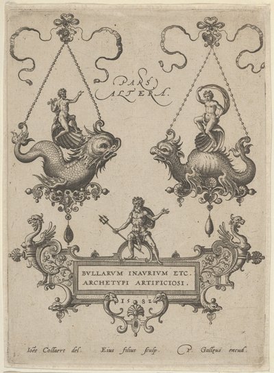 Titelblatt mit zwei Anhänger-Designs oben und Neptun, der auf einer Kartusche steht, unten, 1582 von Adriaen Collaert