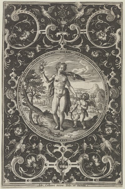 Venus und Amor in einem dekorativen Rahmen mit Grotesken, aus dem Urteil des Paris von Adriaen Collaert