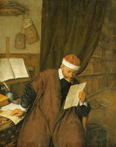 Ein Anwalt, der an einem Schreibtisch sitzt und einen Brief liest, eine Bibliothek dahinter, 1668 von Adriaen Jansz. van Ostade