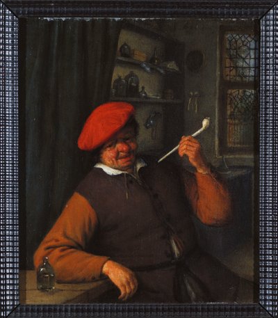 Ein Bauer mit rotem Barett, der eine Pfeife raucht, im Inneren von Adriaen Jansz. van Ostade
