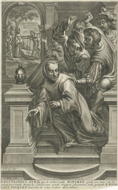 Eustachius Avril von Calvinisten die Treppe hinuntergeworfen von Adriaen Millaert