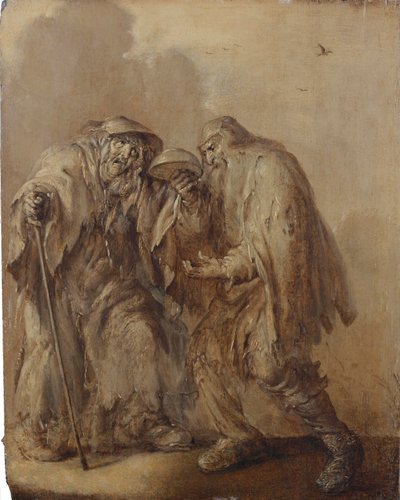 Ein älteres Bettlerpaar mit einer umgedrehten leeren Schüssel von Adriaen Pietersz. van de Venne