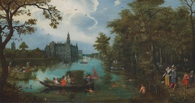 Sommerlandschaft mit Bootsparty und Badenden von Adriaen Pietersz. van de Venne