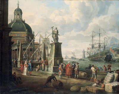 Ein Capriccio eines Mittelmeerhafens mit Kaufleuten, einem eleganten Paar am Kai, vor einer Statue der Hoffnung und einer barocken Kirche, einem Leuchtturm, einem niederländischen Kriegsschiff und anderen Schiffen dahinter, 1700 von Adriaen Verdoel