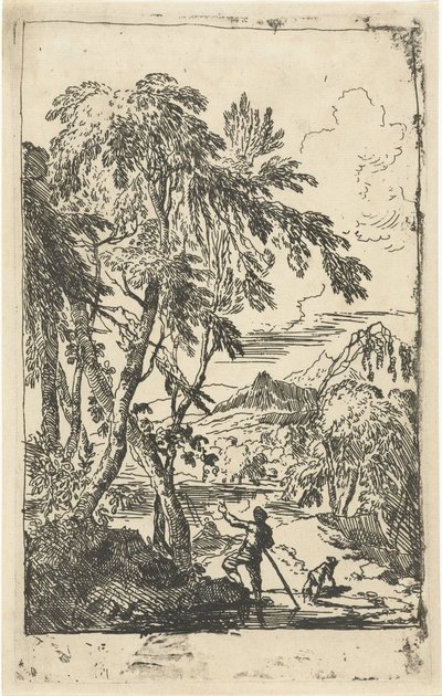 Bergige Landschaft mit Bäumen und Mann mit Hund von Adriaen van Diest