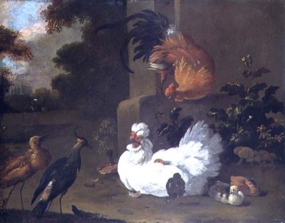 Ein Ruft, ein Kiebitz und Hühner bei einem Aufstiegblock von Adriaen van Oolen