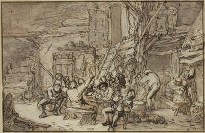 Zechernde Bauern in einer Taverne mit einem Geiger von Adriaen van Ostade