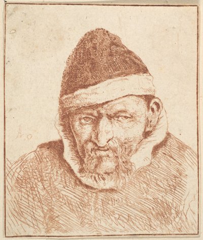 Alter Mann mit weißem Kragen und spitzem Hut von Adriaen van Ostade