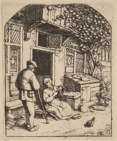 Zwei Bauern vor einem Haus, die Frau wickelt Wolle von Adriaen van Ostade