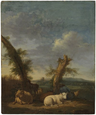 Landschaft mit Schafen und einem schlafenden Hirten von Adriaen van de Velde