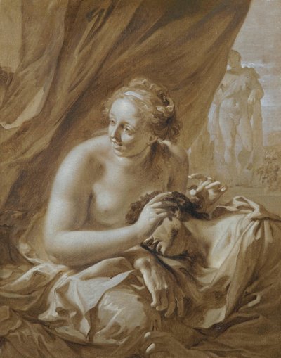 Während Samson in Delilas Schoß schläft, ruft sie seine Feinde herbei, um ihm die Haare abzuschneiden (Richter 16:19) von Adriaen van der Werff